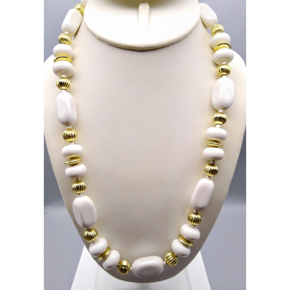 Vintage White Lucite Beaded Necklace with Gold Tone Spacers for a Classic Neutra